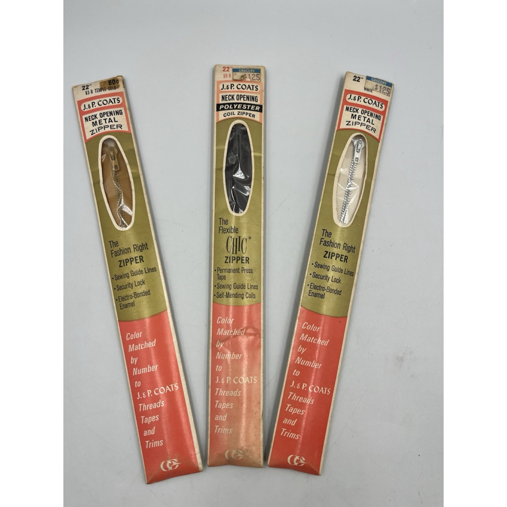 Lot Of 3 VTG J & P COATS Zippers, Various Colors, NEW IN THE PACKAGES SEE ALL